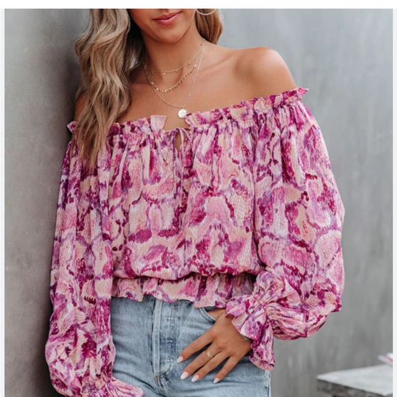Vici Tops - Vici Sutton Off the Shoulder Blouson Puffy Sleeve Printed Blouse, Sz S